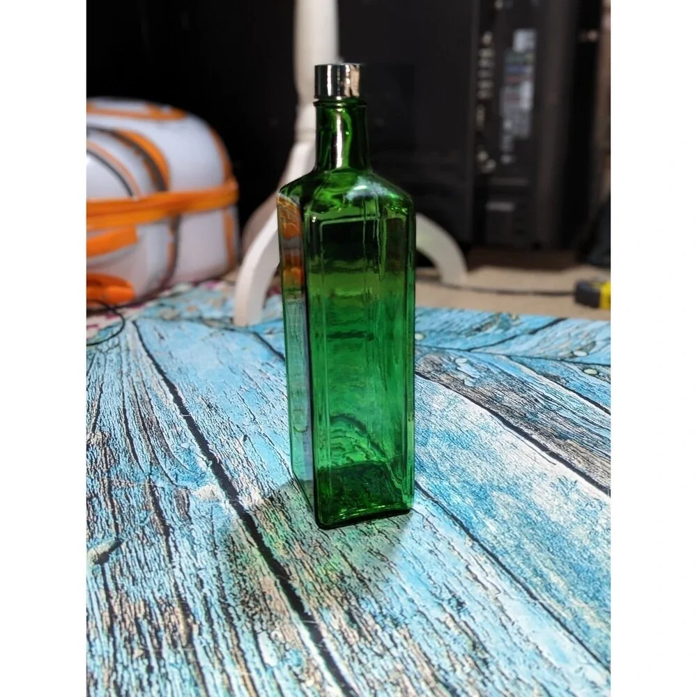 Vintage MCM Green Glass Liquor Bottles‎ Set of 3 Travel Bar Decanters Whiskey
